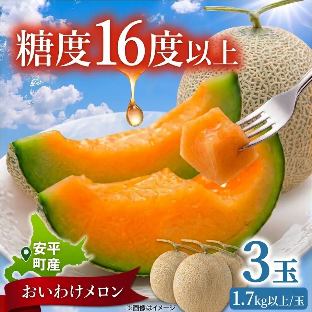 メロン ＜数量限定＞ おいわけメロン 糖度16度以上 1.7kg以上×3玉 赤肉 北海道 安平町産 【1000244】