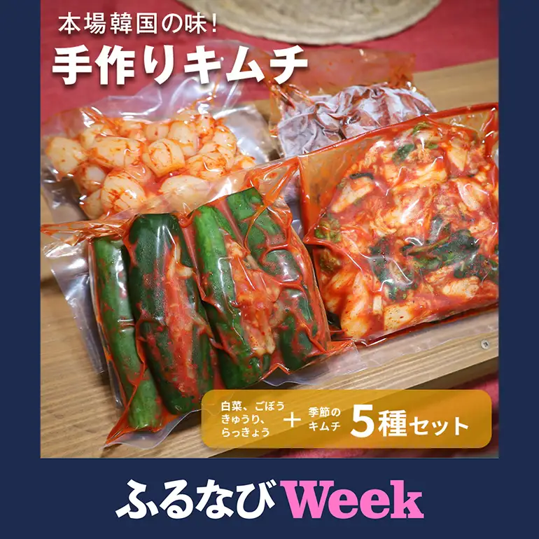 【ふるなびWEEK対象】キムチ 5種 (きゅうり らっきょう ごぼう 白菜 季節のキムチ)セット 2.1kg ～ 2.7kg (1袋 約350～450g×5種類) AF-003