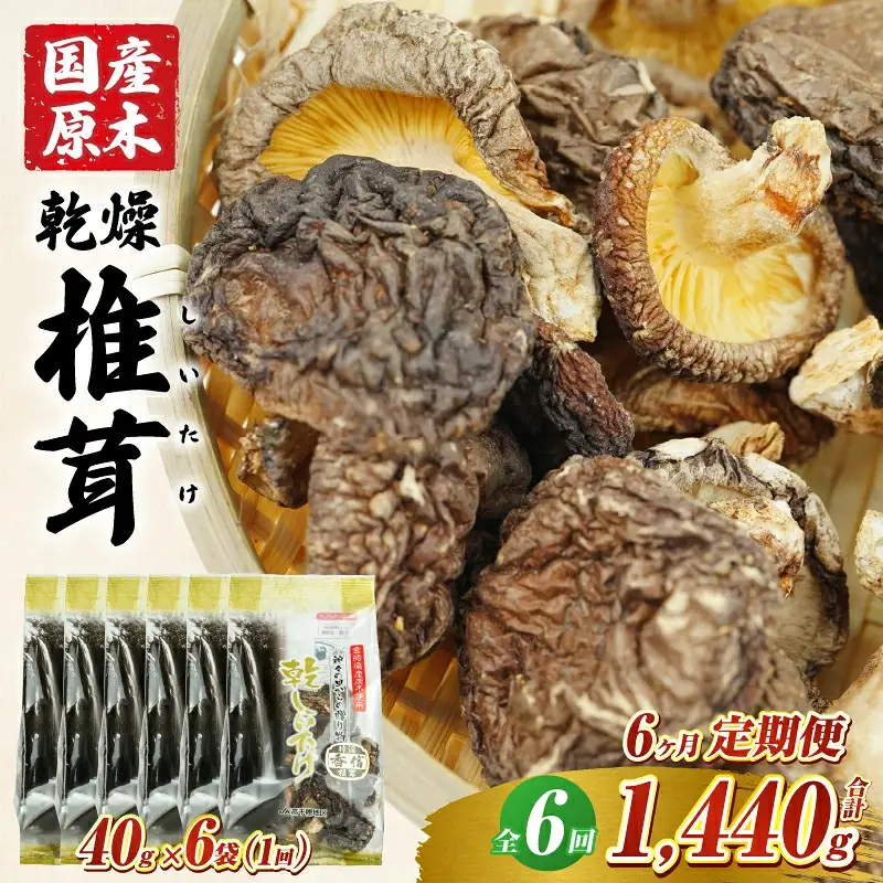 【6ヶ月定期便】乾燥しいたけ 240g（40g×6袋）×6回 1,440g しいたけ 定期便 定期 定期的 国産 宮崎県産 原木 栽培 乾燥 干し椎茸 原木椎茸 国産しいたけ 小分け 袋 小袋 普段使い 使い勝手 使い切り 肉厚 旨み 香り グルメ お取り寄せ 宮崎県 高千穂町 _Tk004-t041