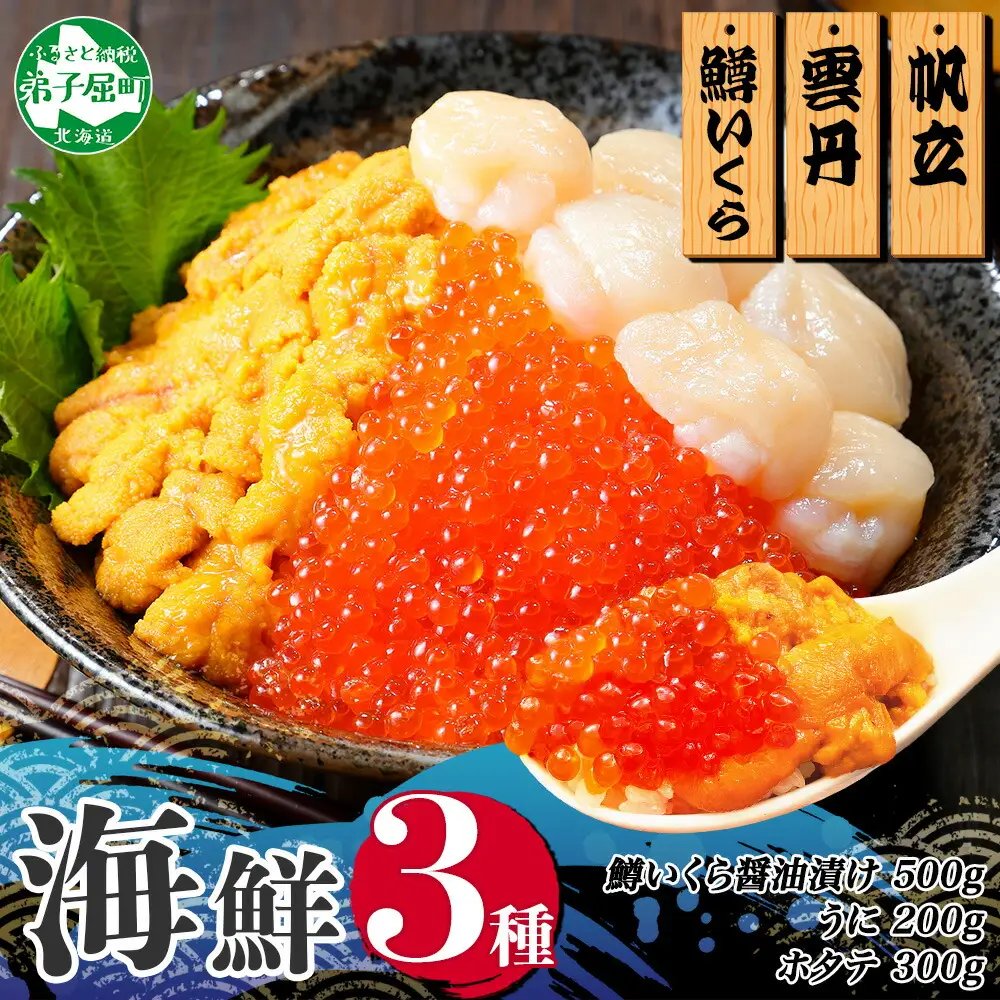 3種 海鮮丼 鱒 いくら醤油漬け 100g×5 5-6人前 ウニ チリ産 雲丹 うに 200g ホタテ 300g 帆立 いくら いくら醤油 イクラ 魚卵 海鮮 送料無料 北海道 弟子屈町 3610