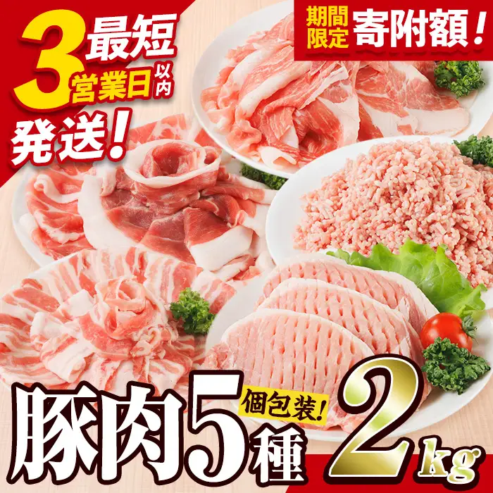 ＼3営業日以内発送／＜1回配送＞ 豚肉 バラエティーパック (合計2kg) 【BD320】【西日本畜産】