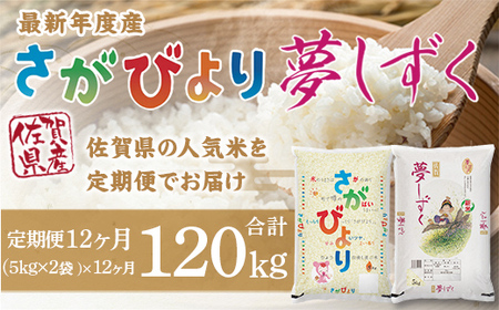 「令和5年産」さがびより夢しずく 定期便 12ヶ月 120kg 999-B610