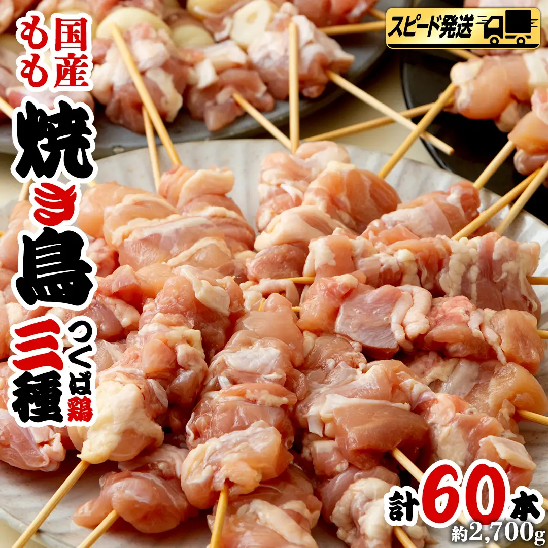 【 スピード 発送 】1本45g！合計約2700g！食べ応えバツグン、つくば鶏 焼き鳥 モモ 3種 60本 セット （各 20本 入り）