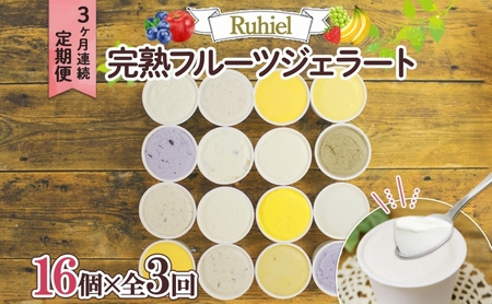 北海道 定期便 3ヶ月連続全3回 Ruhiel 完熟フルーツジェラート 16個 計48個 アイス 詰め合わせ ジェラート 手作り デザート お取り寄せ ギフト 倶知安町 送料無料 【 倶知安町 】 