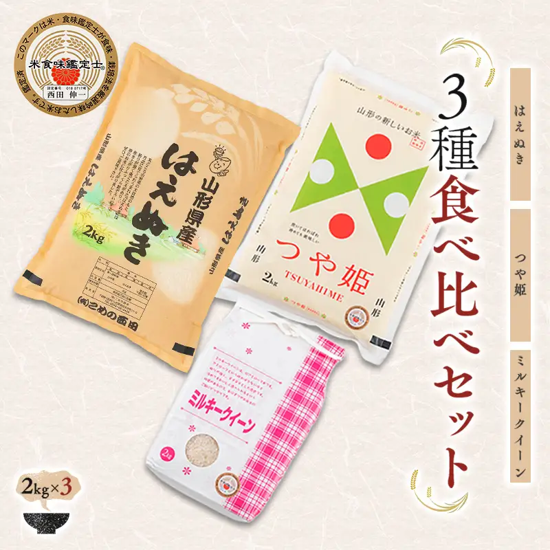 【令和7年産】 米食味鑑定士厳選 新庄産米食べ比べ3種 各2kg はえぬき ミルキークイーン つや姫 山形県 新庄市 F3S-2902