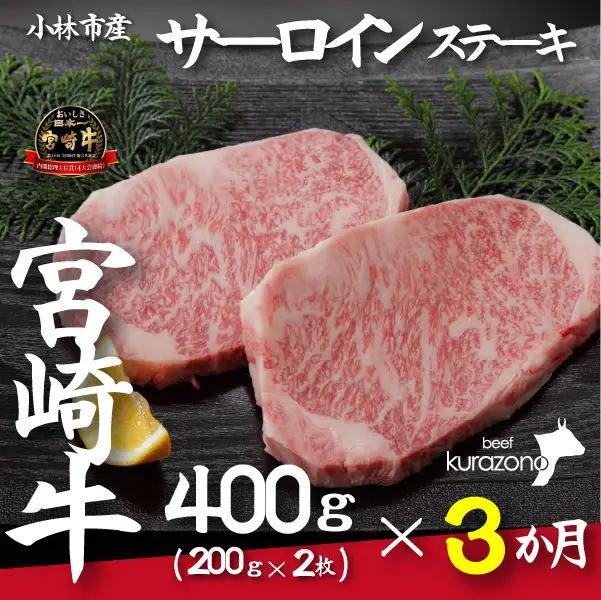宮崎牛 【定期便・全3回】小林市産宮崎牛特選サーロインステーキコース（200ｇ×２枚×3ヶ月） 宮崎牛