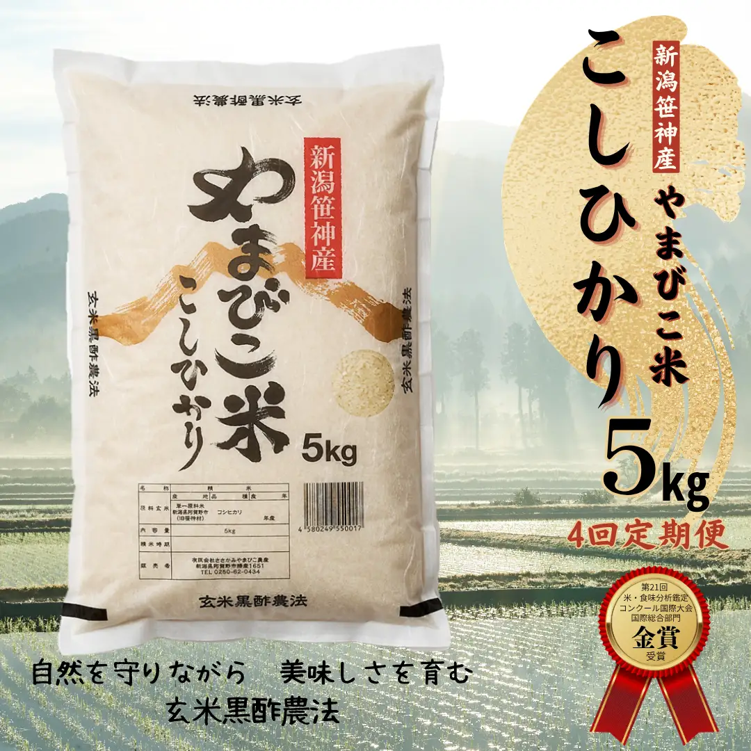 【令和8年産新米予約】【4か月定期便】コシヒカリ「やまびこ米」5kg×4回 玄米黒酢農法 金賞受賞 特別栽培米 白米 精米 農家直送 新潟県 米 こめ コメ 新米 新米予約 令和８年度産 10月中旬より順次発送 1P08055