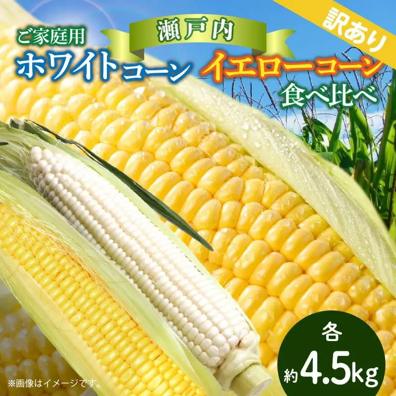訳あり ご家庭用 瀬戸内ホワイトコーン・イエローコーン食べ比べ 各約4.5kg【2027-6月中旬～2027-7月中旬配送】