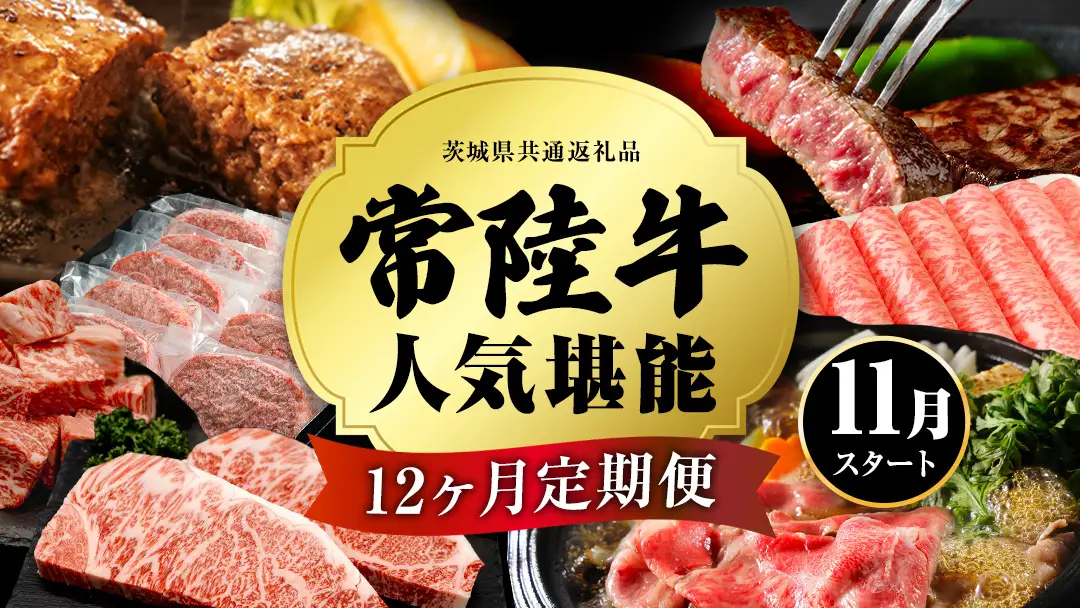 【定期便】【2026年11月スタート】【全12回】『常陸牛』人気12か月堪能セット（12か月連続でお届け）  (茨城県共通返礼品)  牛肉 肉 お肉 国産 国産牛 ヒレ ステーキ ハンバーグ サーロイン 赤身 切り落とし 霜降り カルビ すき焼き しゃぶしゃぶ 和牛 黒毛和牛