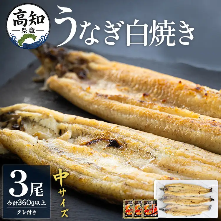 高知県産うなぎの白焼き 中サイズ 3尾(合計360g以上) タレ付き - 鰻 ウナギ 晩ご飯 夕飯 おかず 魚 肴 おつまみ ギフト 贈答 贈り物 丑の日 クリスマス 年末年始 吉川水産 高知県 香南市【冷凍】 yw-0046