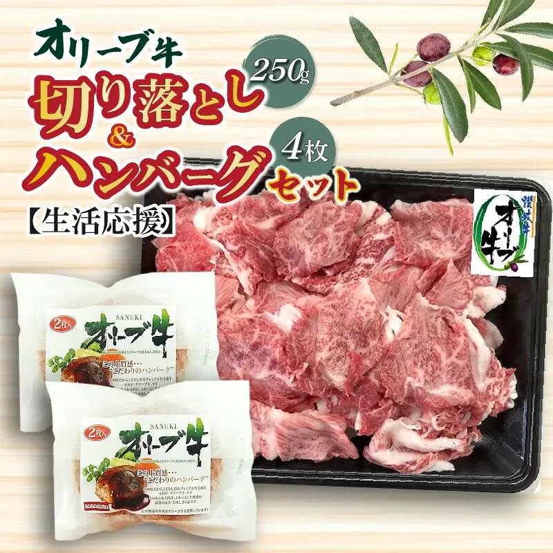 オリーブ牛切り落とし250g&ハンバーグ4枚セット