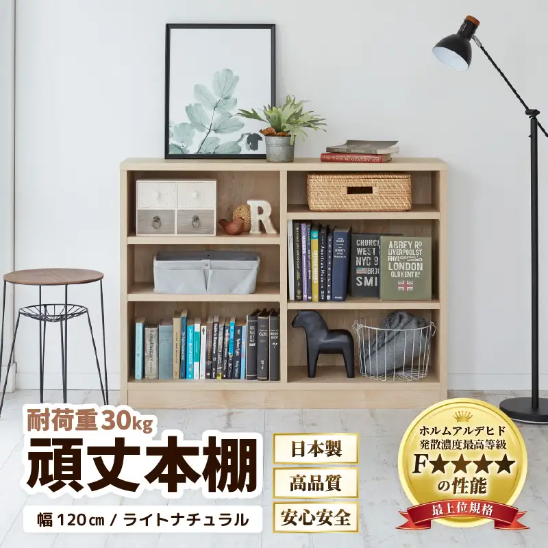 たっぷり安心して収納できる！「頑丈本棚」幅120cm ライトナチュラル（ロータイプ） ／ 日本製 国産 家具 木製 収納 棚 仕切り プレゼント 贈り物 勉強 学習 子供部屋 リビング 書斎 シンプル デザイン 重厚感 文庫 書棚 教科書 [aw053-g001]