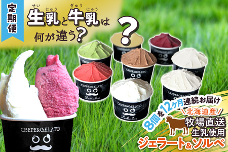 ＜12ヶ月定期便＞北海道産 生乳 ジェラート アイス 毎月8個  詰め合わせ ジェラートセット