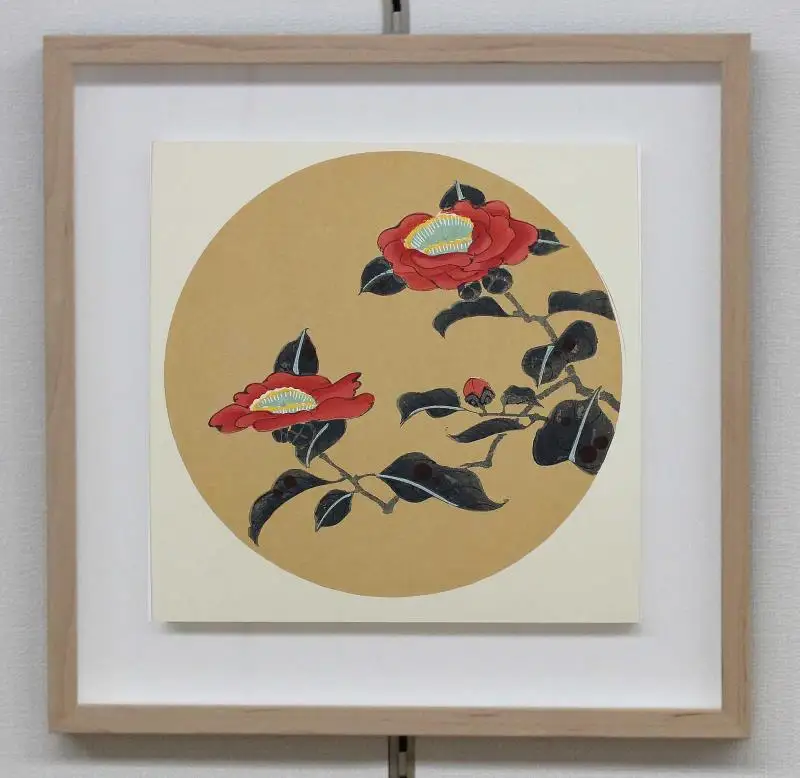 【芸艸堂】伊藤若冲 木版画　椿の花卉天井画パネル仕立て額装