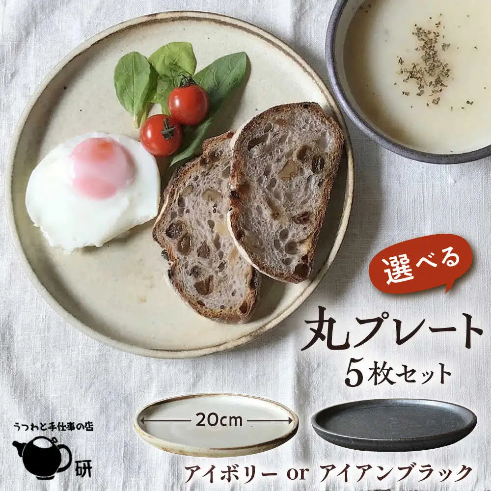 【 受注生産 】 20cm 丸 プレート 5枚 セット アイボリー アイアンブラック シリーズ 糸島市 / うつわと手仕事の店 研　器 陶器 食器 クラフト 手作り [ARD008]