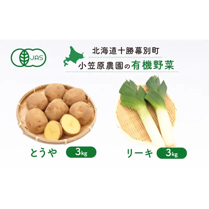小笠原農園の有機野菜 2種詰合せ（とうや3kg・リーキ3kg）北海道 十勝 幕別《2026年秋出荷先行予約》【 野菜 芋 じゃがいも とうや ねぎ ネギ ポロネギ リーキ セット 】 