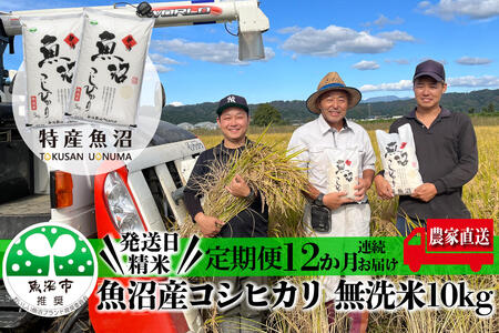 農家直送！ 魚沼産 コシヒカリ 無洗米 120kg 毎月10kgを12ヶ月間お届け （ 米 定期便 こしひかり 10kg お米 こめ 魚沼産コシヒカリ 魚沼 新潟 白米 精米 お楽しみ 12回 ）