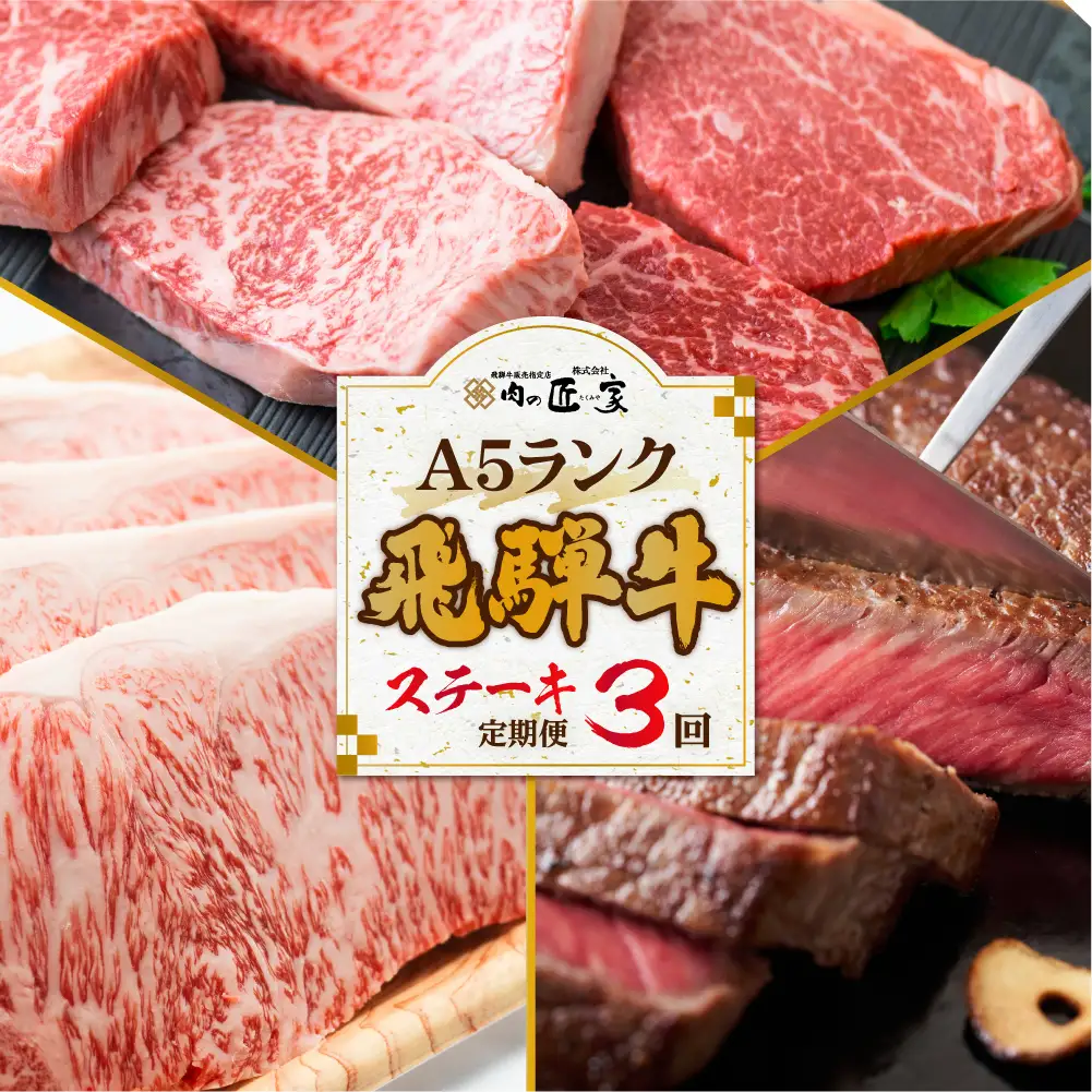 【定期便 3ヶ月】＜全3回＞ A5飛騨牛 ステーキ（ヒレ／ロース／ランプ／サーロイン）| 定期便 BV103
