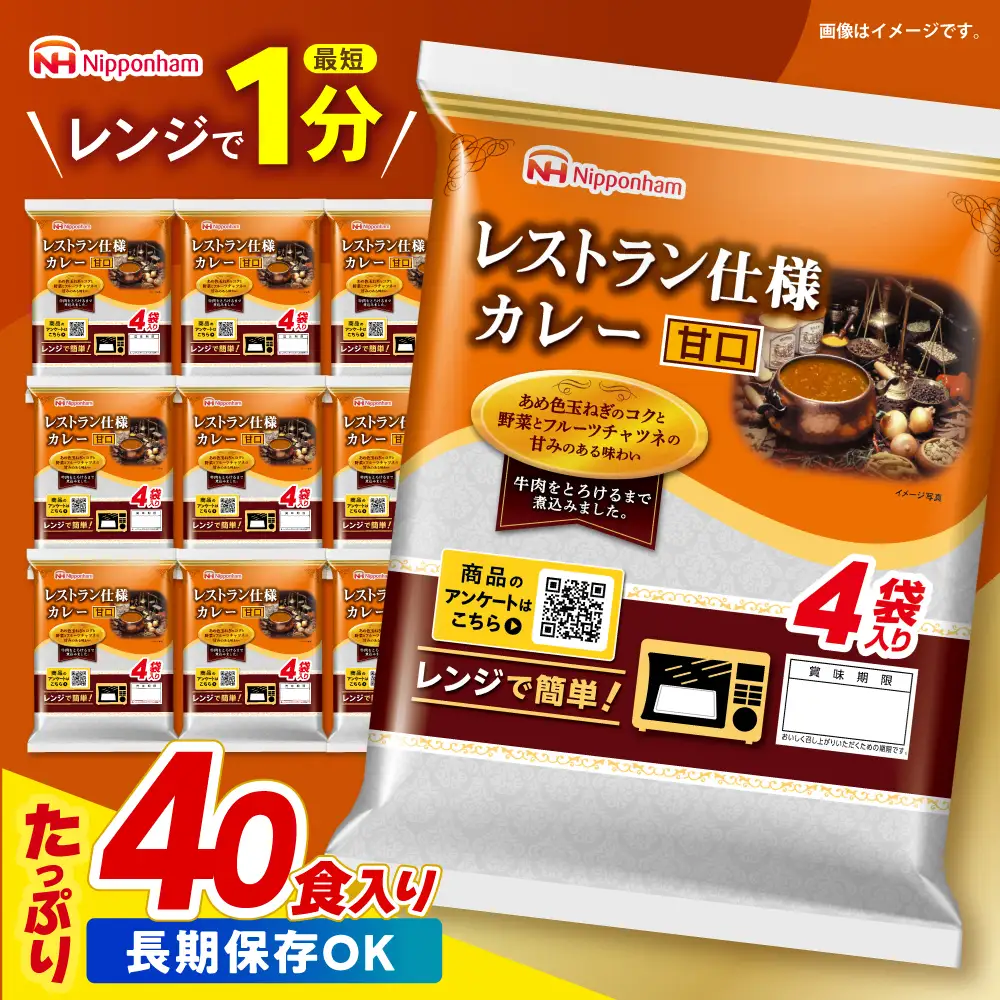 【小分け】【内袋のままレンジ調理可】日本ハム レストラン仕様カレー甘口10パックセット(1パック4袋入り)計40食分/ カレー かれー レトルト 牛肉 小分け / 諫早市 / 日本ハムマーケティング株式会社 [AHAL004]