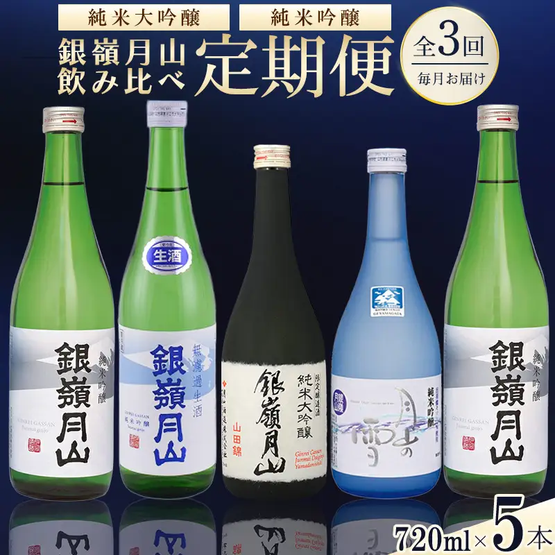 日本酒 定期便 全3回 720ml 計5本 日本酒 純米大吟醸 純米吟醸 銀嶺月山【2026年12月以降発送予定】　036-E-GS024