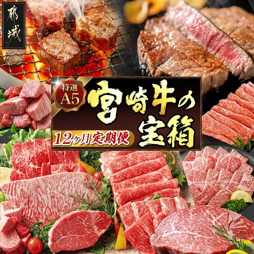 特選(A5)宮崎牛の宝箱 (12ヶ月定期便)〔TAH12-0101〕_(都城市) 宮崎牛 5等級 12ヶ月定期便 サーロイン芯スライス モモスライス シャトーブリアンステーキ 特上モモステーキ ロース焼肉用 ヒレステーキ