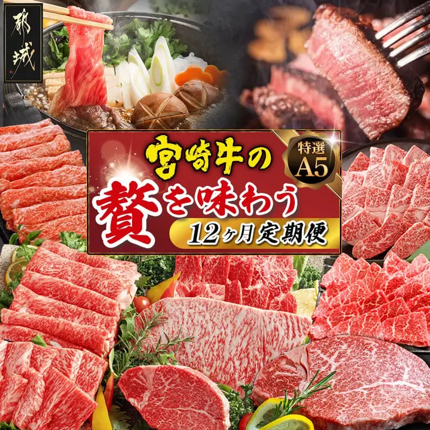 特選(A5)宮崎牛の贅を味わう（12ヶ月定期便）〔TAH12-0102〕_(都城市) 宮崎牛 5等級 12ヶ月定期便 サーロイン芯スライス モモスライス シャトーブリアンステーキ 特上モモステーキ ロース焼肉用 ヒレステーキ