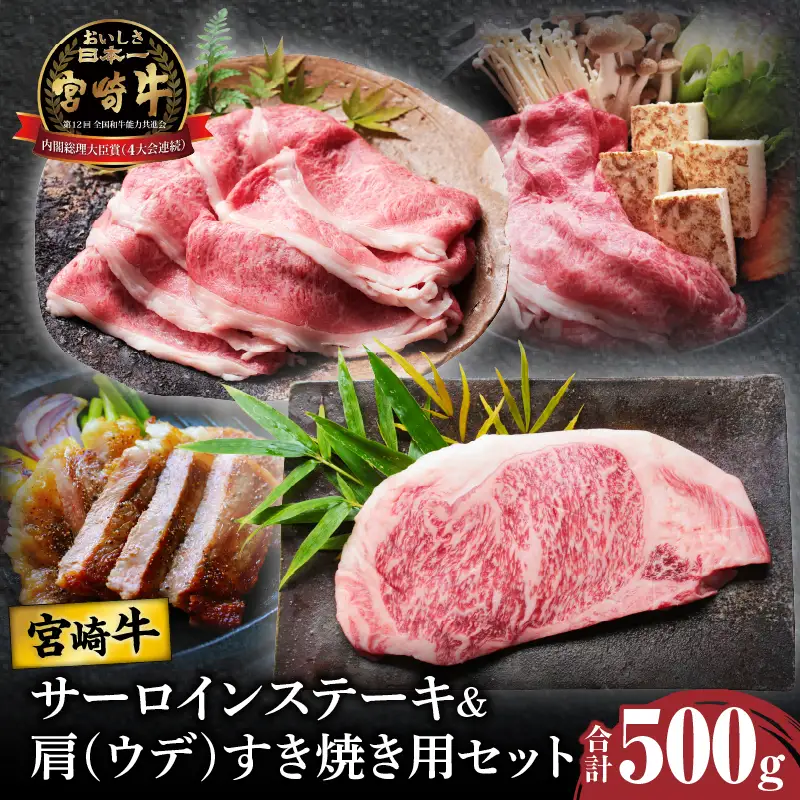 宮崎牛サーロインステーキ&肩(ウデ)すき焼き用セット合計500g 肉 牛 牛肉 焼肉 国産 _T009-0036