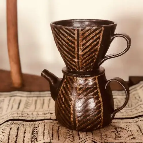 ＜南陶窯＞コーヒードリッパーセット【灰釉・線紋】 ☆ 陶器 やちむん 沖縄 伝統工芸品 珈琲 週末の楽しみ オシャレ コレクション アジアンテイスト ポット 新生活