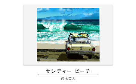 版画鈴木英人サンディービーチ直筆サイン入りフレーム付き版画