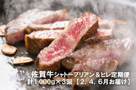DP037_お箸で切れるほどの柔らかさ♪幻の部位！　佐賀牛定期便②（2,4,6月お届け)佐賀牛シャトーブリアンステーキ400ｇ(２枚で400ｇ)佐賀牛ヒレステーキ！６００ｇ(３枚で600ｇ) 総量約３㎏