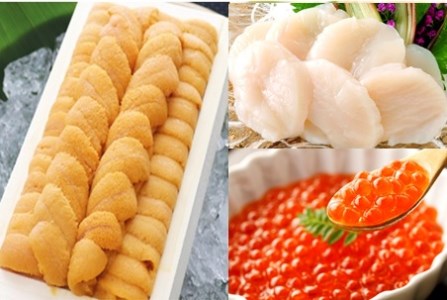 エゾバフンウニ140g×1折、いくら醤油漬け(鱒卵)150g×1P、お刺身ホタテ貝柱500g×1P[11月下旬以降発送] E-53002