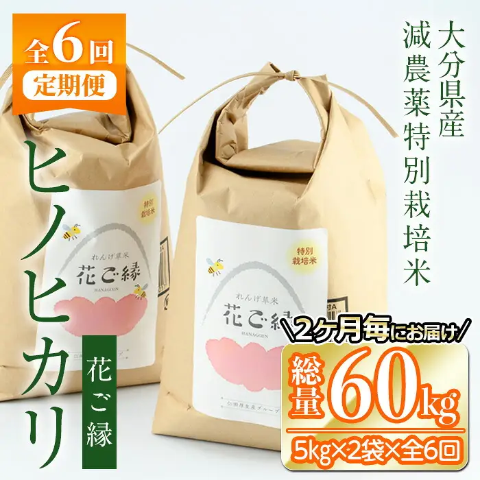 ＜先行予約受付中！2026年11月より発送開始予定＞＜定期便・全6回 (奇数月発送)＞減農薬特別栽培米 はなご縁 (総量60kg・5kg×2袋×6回)米 定期便 ６回 隔月 ひのひかり ヒノヒカリ 精米 白米 数量限定 大分県産【HD175】【さいき本舗 城下堂】