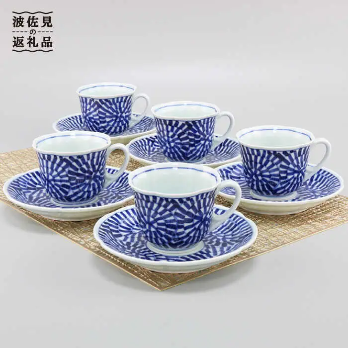 【波佐見焼】タコ唐草絵（手描）珈琲碗皿5客揃 食器 カップ 【不二商店】 [UC09] 波佐見焼
