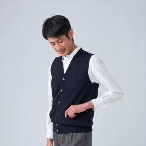 日本製 カシミヤ100% 前開きベスト ネイビー Lサイズ [2623]