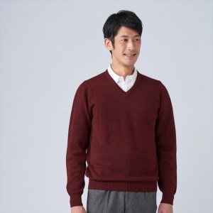 日本製 カシミヤ100% Vセーター ワイン 2Lサイズ [2632]