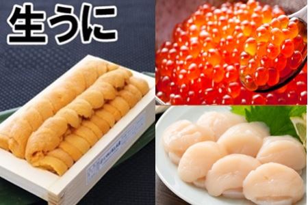 エゾバフンウニ140g×1折、いくら醤油漬け(鱒卵)150g×1P、お刺身ホタテ貝柱500g×1P[11月下旬以降発送] E-71015