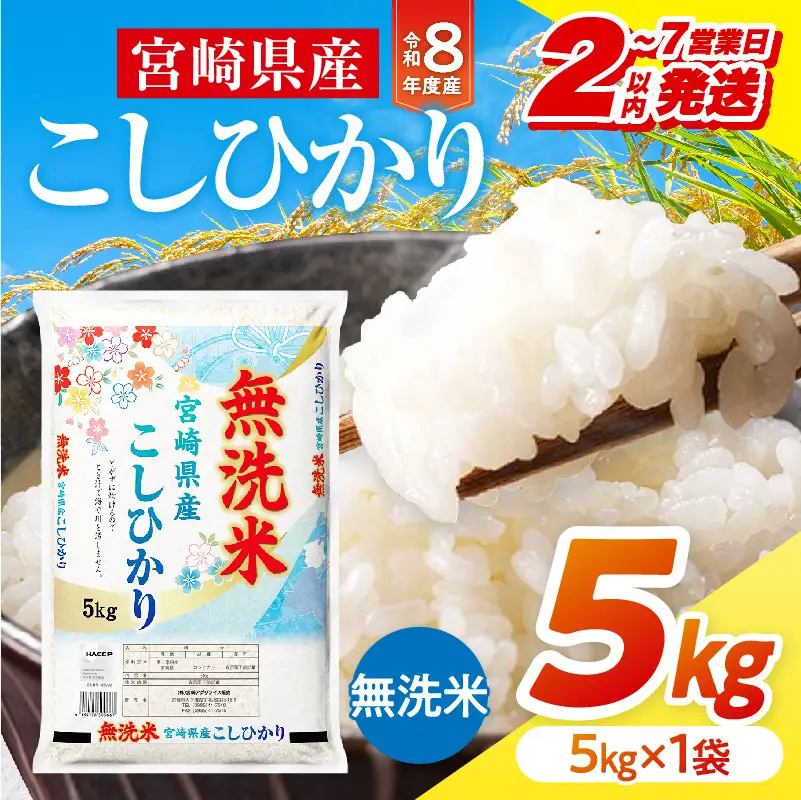 米 こしひかり 無洗米 合計5kg 米[令和8年産 宮崎県産 5kg×1袋 2～7営業日以内に発送予定]