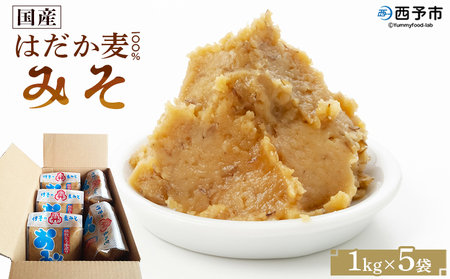 ＜国産 はだか麦 100％ みそ 5kg（1kg×5袋）＞ 味噌 天然醸造 伝統製法 こうじ蓋 麹蓋製法 麦麹 自然発酵 手作業 長期熟成 国産麦 麦味噌 麦みそ 発酵食品 だるまや 愛媛県 西予市【常温】『1か月以内に順次出荷』 MDM0001