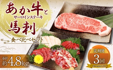 【定期便3ヶ月】あか牛サーロイン肉1kg（5枚～6枚）馬刺し600g （赤身・霜降り・たてがみ） 食べ比べセット