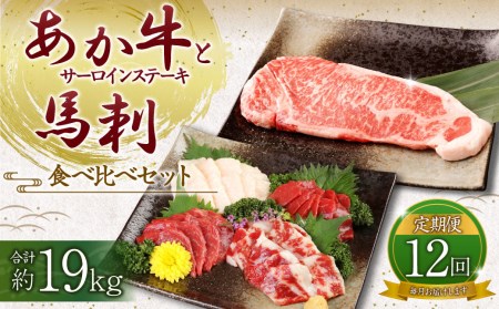 【定期便12ヶ月】あか牛サーロイン肉1kg（5枚～6枚）馬刺し600g （赤身・霜降り・たてがみ） 食べ比べセット