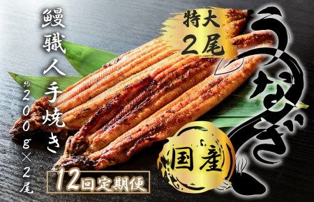 FK017_【12回定期便】九州産　うなぎ職人手焼き　蒲焼　国産　有頭鰻 1尾あたり約200ｇ×2尾（合計約400ｇ以上）たれ・山椒セット