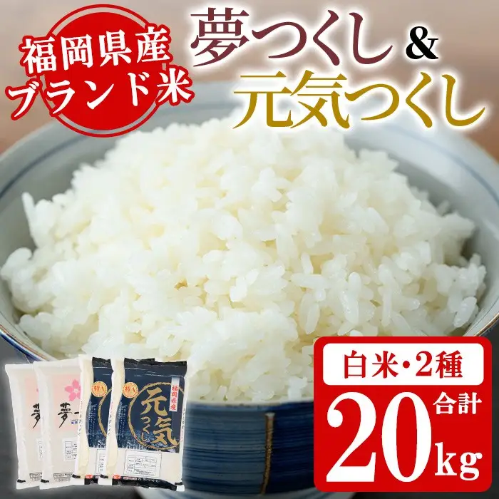 《白米》福岡県産米食べ比べセット「夢つくし」と「元気つくし」(2種計20kg・各5kg×2袋) 白米 米 お米 おこめ ごはん ご飯 常温 福岡県産 ブランド米 ゆめつくし げんきつくし 常温 常温保存 おにぎり おむすび お弁当 ライス【朝ごはん本舗】as05-060