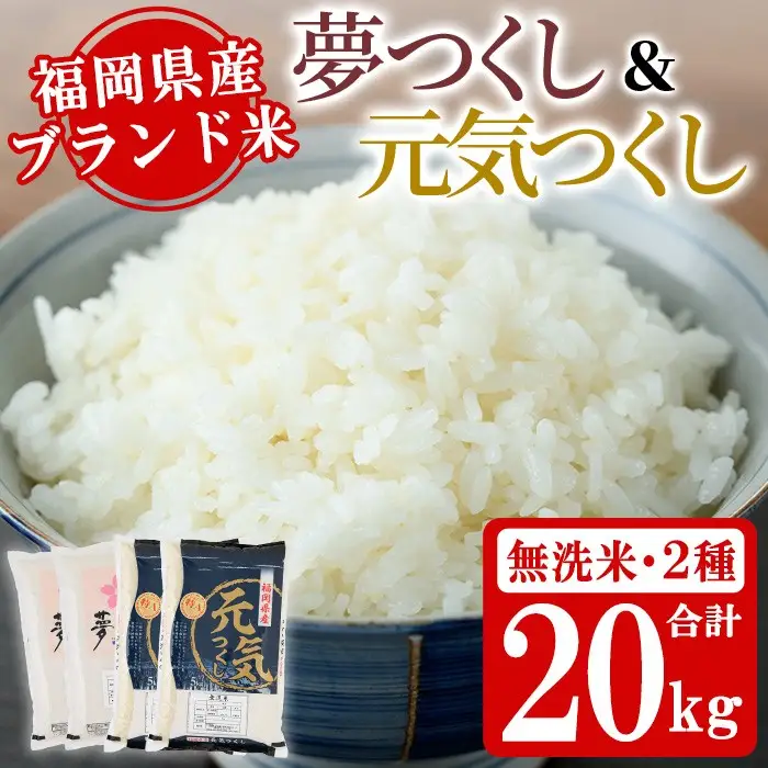 《無洗米》福岡県産米食べ比べセット「夢つくし」と「元気つくし」(2種計20kg・各5kg×2袋) 無洗米 米 お米 おこめ ごはん ご飯 常温 福岡県産 ブランド米 ゆめつくし げんきつくし 常温 常温保存 おにぎり おむすび お弁当 ライス【朝ごはん本舗】as05-061