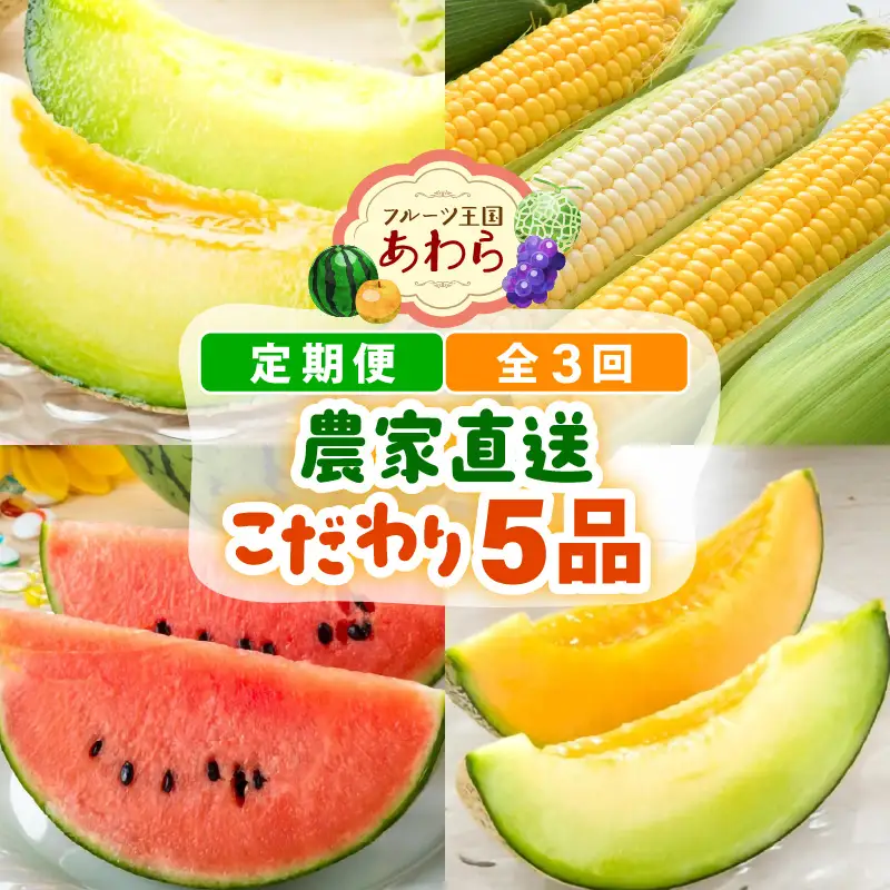 【先行予約】≪定期便/全3回≫フルーツ王国あわらのこだわり5品 農家直送 厳選品／ 期間限定 果物 フルーツ 青肉メロン 赤肉メロン 西瓜 とうもろこし 産地直送 ※2027年6月中旬より順次発送 [aw039-c002]