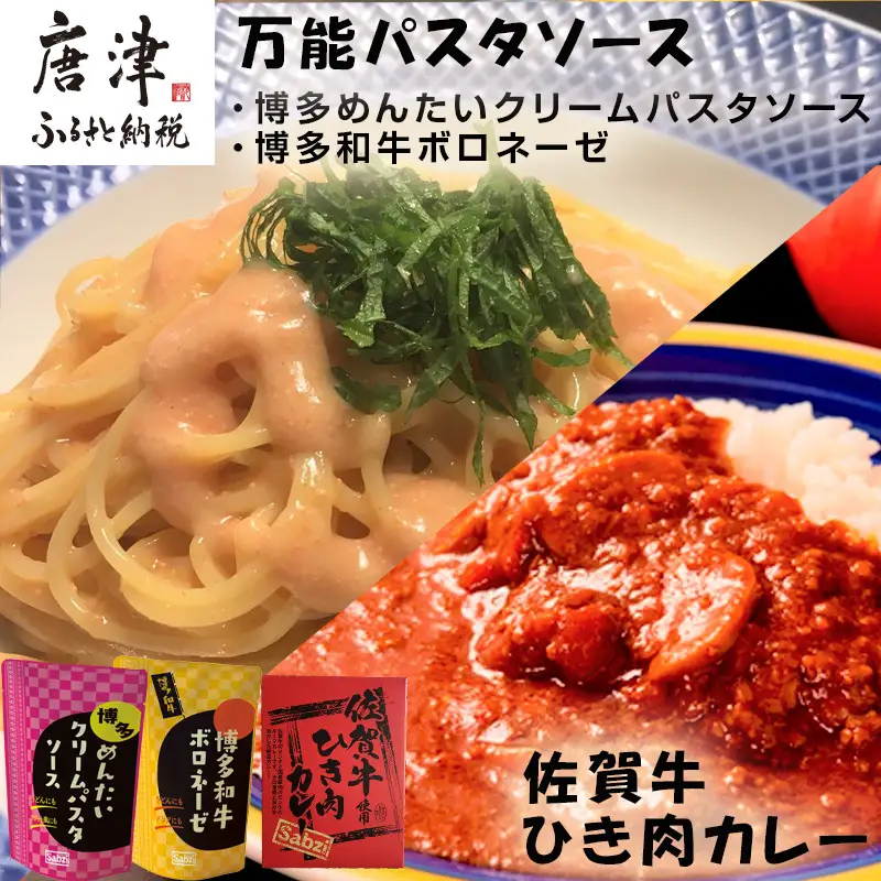 佐賀牛ひき肉カレー(180g×3食)と万能パスタソース(博多めんたいクリームパスタソース120g×3袋・博多和牛ボロネーゼ120g×3袋)セット