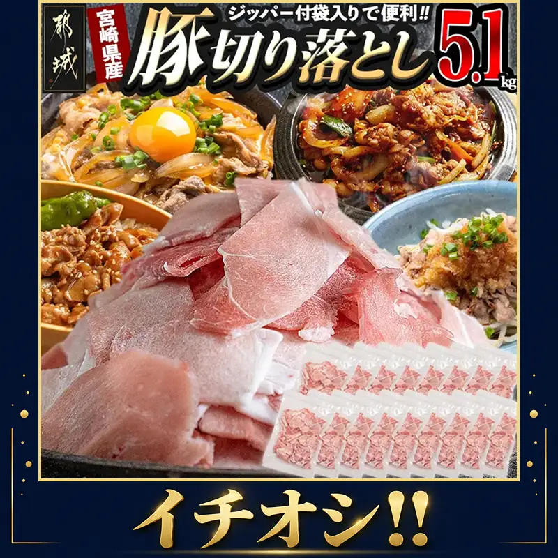 ぴーちゃん　切り落とし24袋　9600g 宮崎県産 豚肉切り落とし5.1kg(ジッパー付袋入り)〔18-15-009-5100g