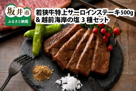 若狭牛 特上サーロインステーキ 250g × 2枚 & 越前海岸の百笑の塩・結晶塩・若狭牛専用スパイス セット [D-1804]