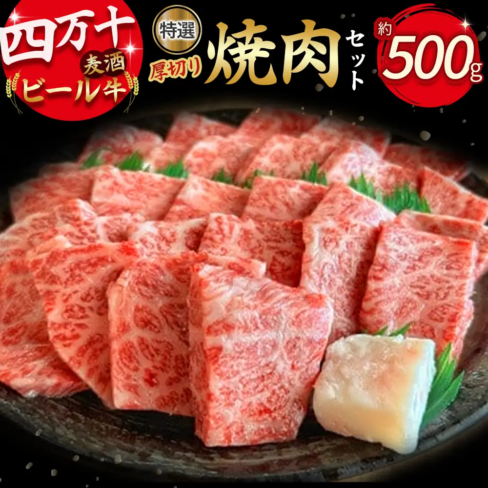四万十麦酒牛 厚切り特選焼き肉セット（500g）  モモ ウデ バラ肉 肩ロース 詰め合わせ 霜降り 赤身 焼き肉 麦酒牛 冷凍 ／Asz-07