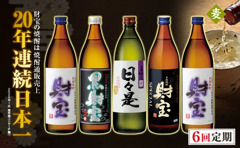 G7-2231／【 定期便 】 6回届け・ 焼酎 4種5本 飲み比べセット 【5合瓶（麦）】 温泉水仕立て！ 財宝