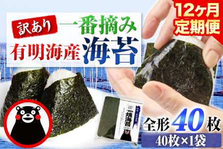 【12ヶ月定期便】 訳あり 一番摘み 有明海産 海苔 40枚  《お申込み月の翌月から出荷開始》 熊本県産（有明海産） 海苔 定期便 全形40枚入り 長洲町